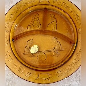 VTG Tiara Exclusives Amber Glass Nursery Rhyme Divided Child's Plate Margery Daw